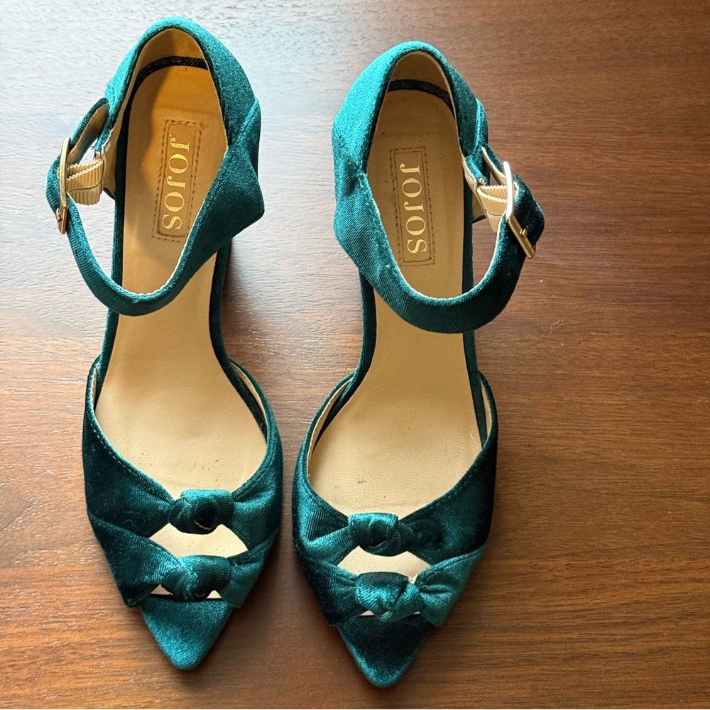 Teal Velvet Pointed-Toe Ankle-Strap Heels